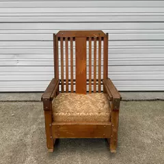Antique Oak Arts & Crafts Spindle High Back Upholstered Rocking Chair