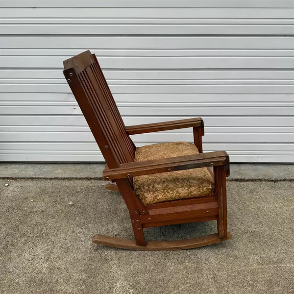 Antique Oak Arts & Crafts Spindle High Back Upholstered Rocking Chair