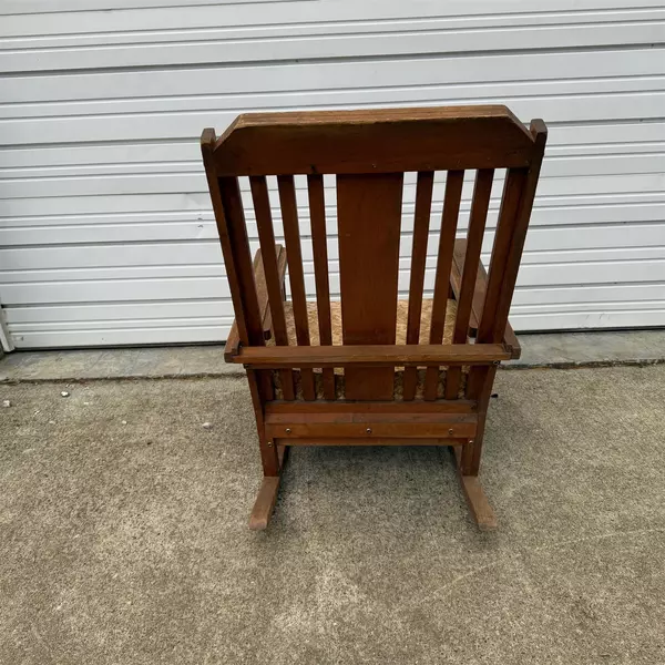 Antique Oak Arts & Crafts Spindle High Back Upholstered Rocking Chair