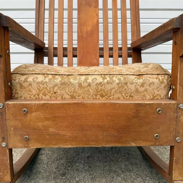 Antique Oak Arts & Crafts Spindle High Back Upholstered Rocking Chair