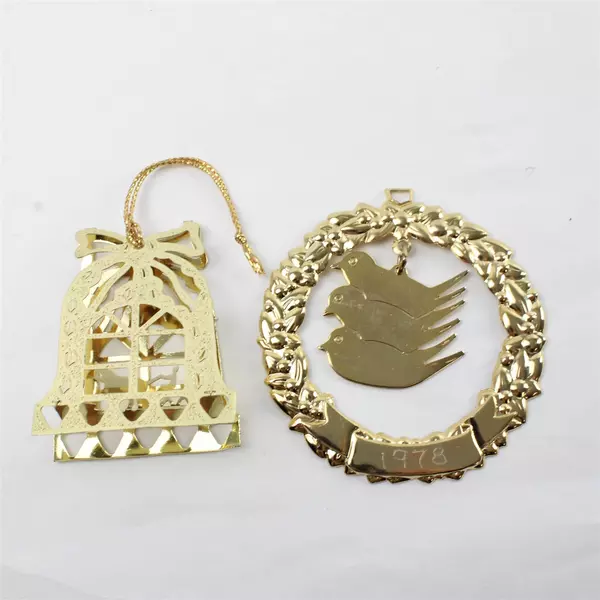 Lot of 2 Vintage Classic Brass Bell Dove Wreath Christmas Ornaments