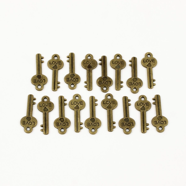 Lot of 17 Miniature Antiqued Gold Heart Key Charms with Love