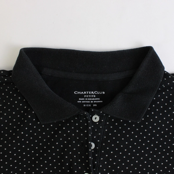 Charter Club Women's Petite L Black with White Polka Dots Short Sleeve Polo