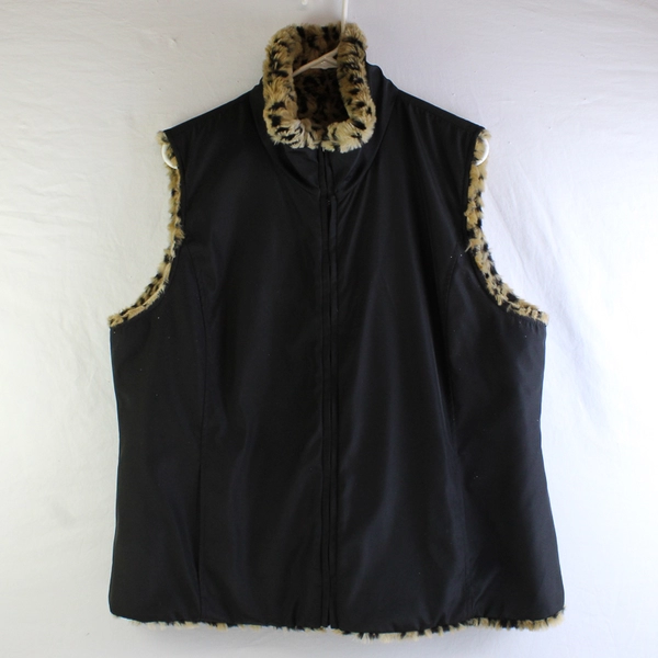 Vintage Kristen Blake Women's XL Reversible Black and Animal Print Faux Fur Vest