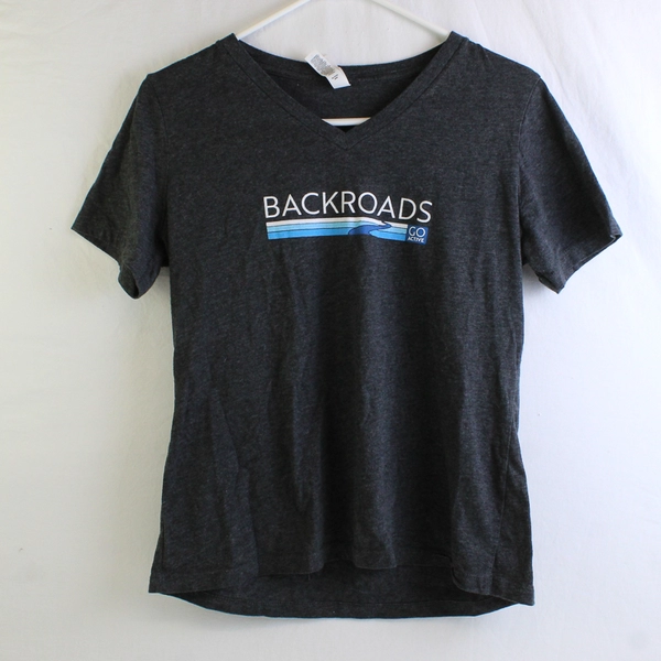 Bella + Canvas Women's M Gray "Backroads Go Active" Graphic V Neck Shirt