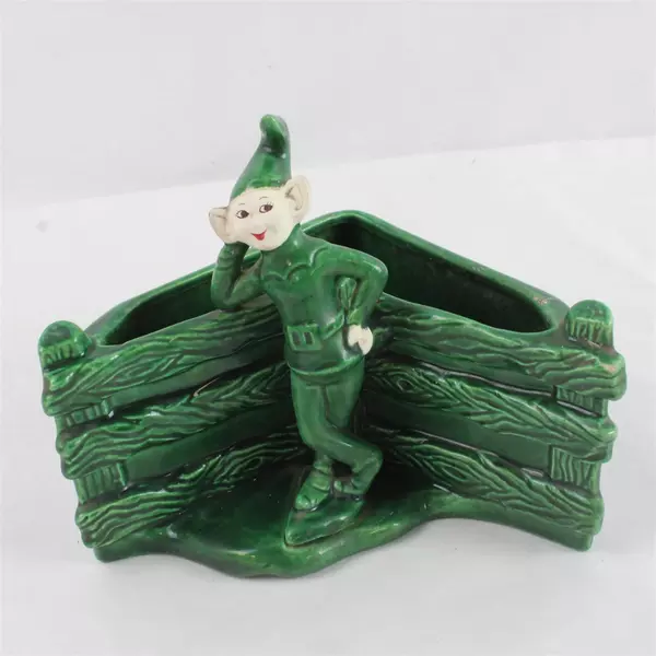 Darling Treasure Craft Vintage Green Pixie Elf Planter Figurine Leaning Fence