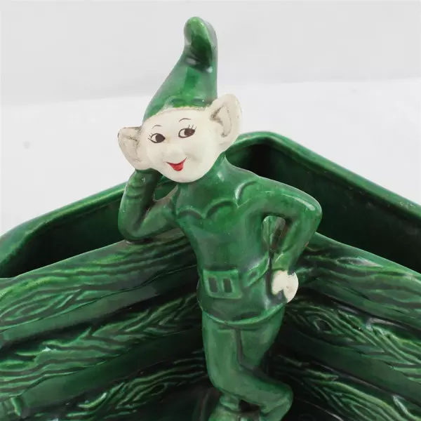 Darling Treasure Craft Vintage Green Pixie Elf Planter Figurine Leaning Fence