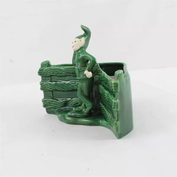 Darling Treasure Craft Vintage Green Pixie Elf Planter Figurine Leaning Fence
