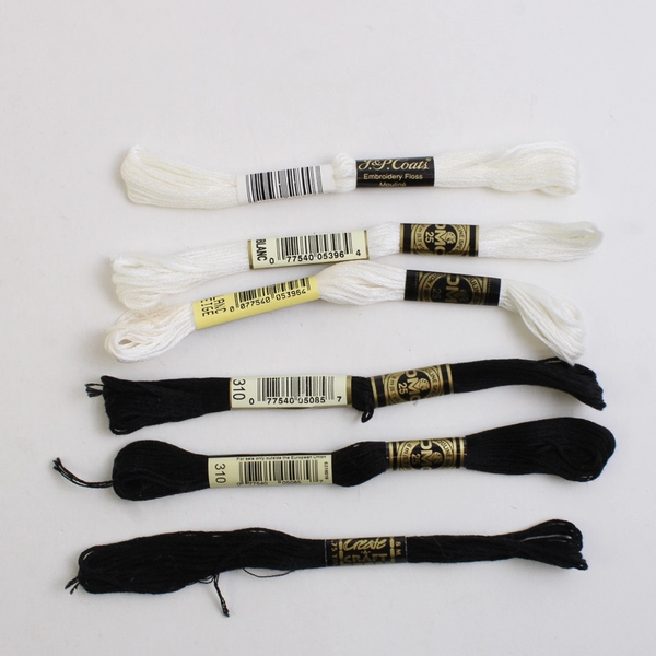 Lot of 6 Pull Skeins of Thread, Black and White, DMC J&P Coats New