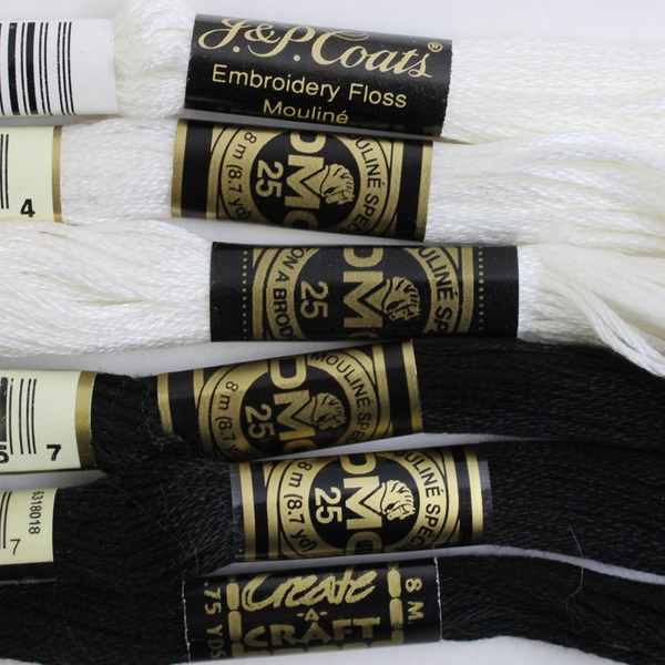 Lot of 6 Pull Skeins of Thread, Black and White, DMC J&P Coats New