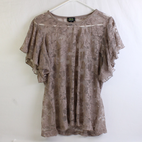 Shannon Ford Sheer Rose Taupe Lace Tunic Top Flutter Sleeves Women's Size 1X