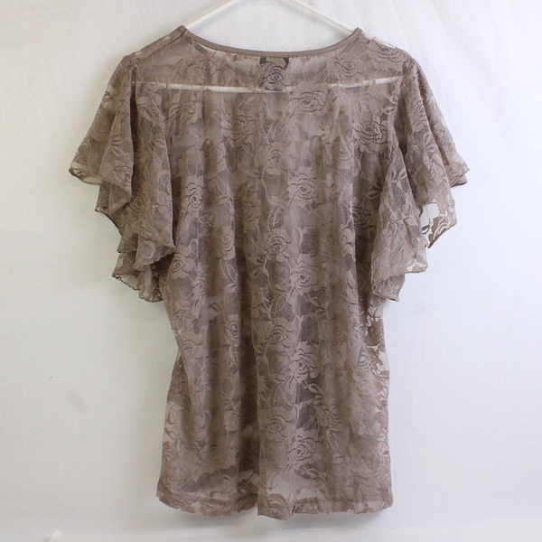 Shannon Ford Sheer Rose Taupe Lace Tunic Top Flutter Sleeves Women's Size 1X