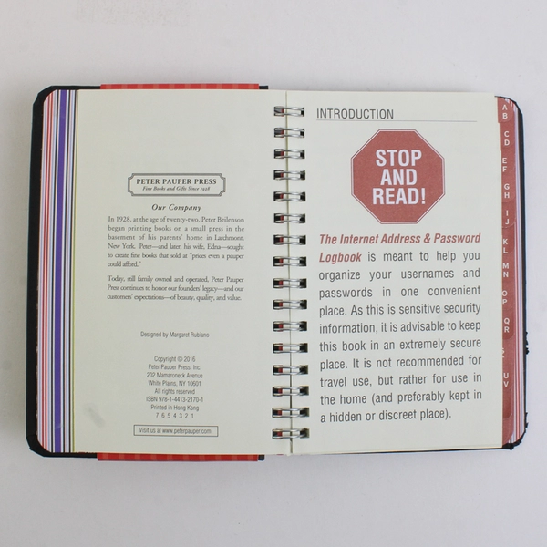Large Print Internet Address & Password Logbook 2016 Spiral Bound Unused