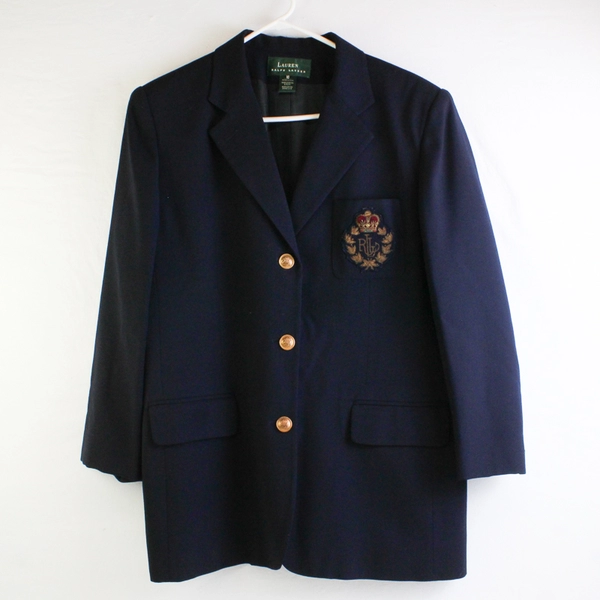 1990's Ralph Lauren Women’s 16 Navy Blue 3D Crest 100% Wool Blazer Jacket