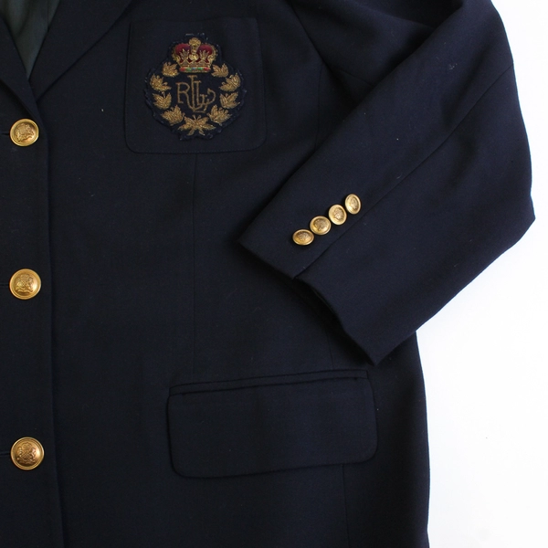 1990's Ralph Lauren Women’s 16 Navy Blue 3D Crest 100% Wool Blazer Jacket