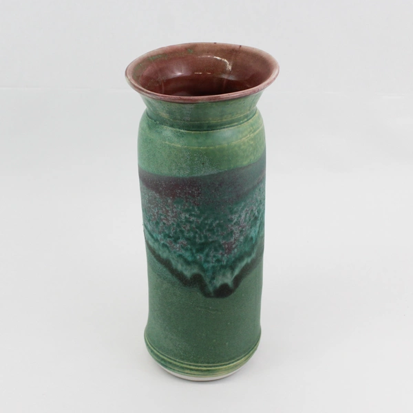 Tall Handmade Studio Art Pottery Green Flower Vase 12.5" Signed