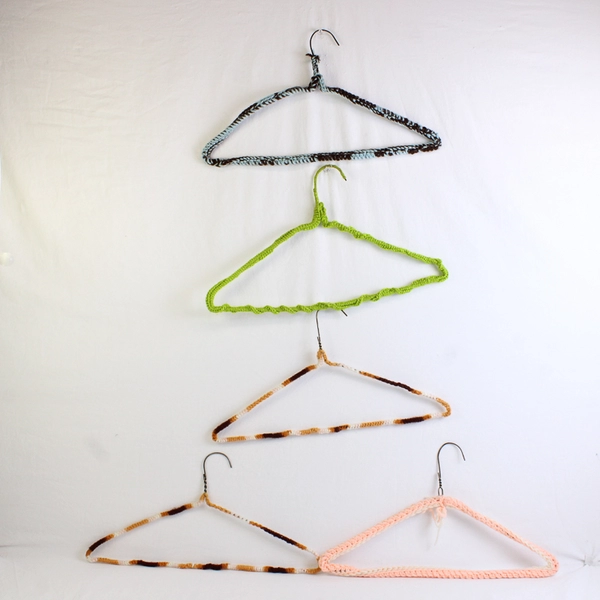 Lot of 5 Metal Hangers With Crocheted Covers Various Colors