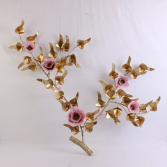 Vintage Wall Art Branch Pink Flowers Metal Leaves Unique