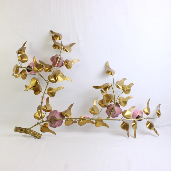 Vintage Wall Art Branch Pink Flowers Metal Leaves Unique