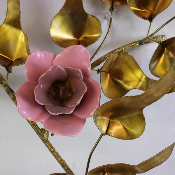 Vintage Wall Art Branch Pink Flowers Metal Leaves Unique