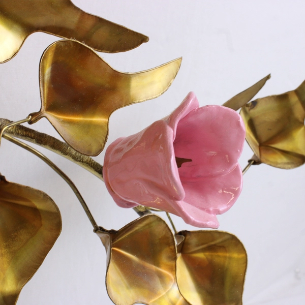 Vintage Wall Art Branch Pink Flowers Metal Leaves Unique