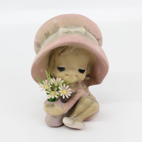 Vintage UCTCI Japan Big Pink Hat Girl Figurine with Flower Pot