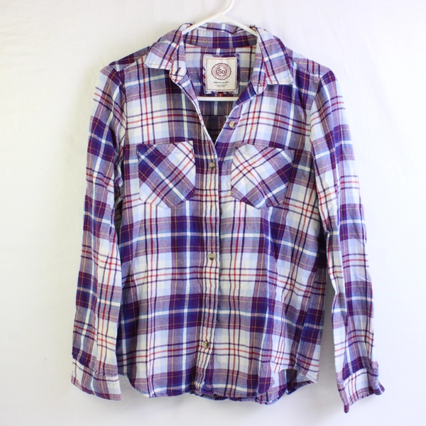 Flannel Plaid Button Down Shirt Womens Medium Purple Red White 