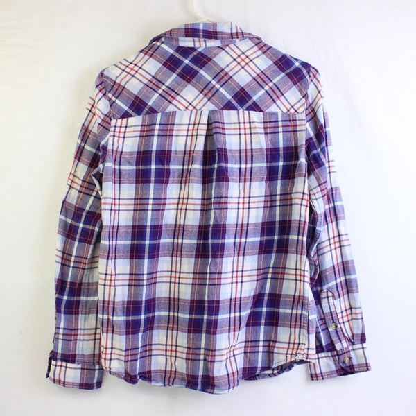 Flannel Plaid Button Down Shirt Womens Medium Purple Red White 