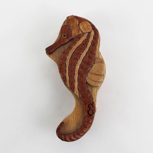 Vintage Seahorse Wood Puzzle Trinket Treasure Box