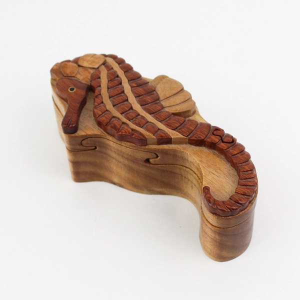 Vintage Seahorse Wood Puzzle Trinket Treasure Box