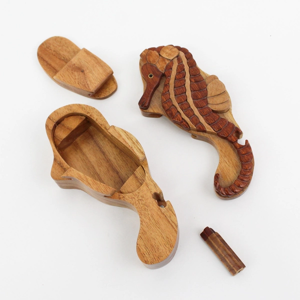 Vintage Seahorse Wood Puzzle Trinket Treasure Box