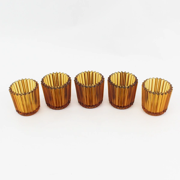 5 Ribbed Amber Glass Tealight & Votive Candle Holders 