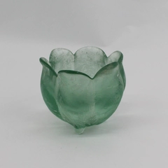 Recycled Glass 3 Footed Green Tulip Shape Candle Holder 4"