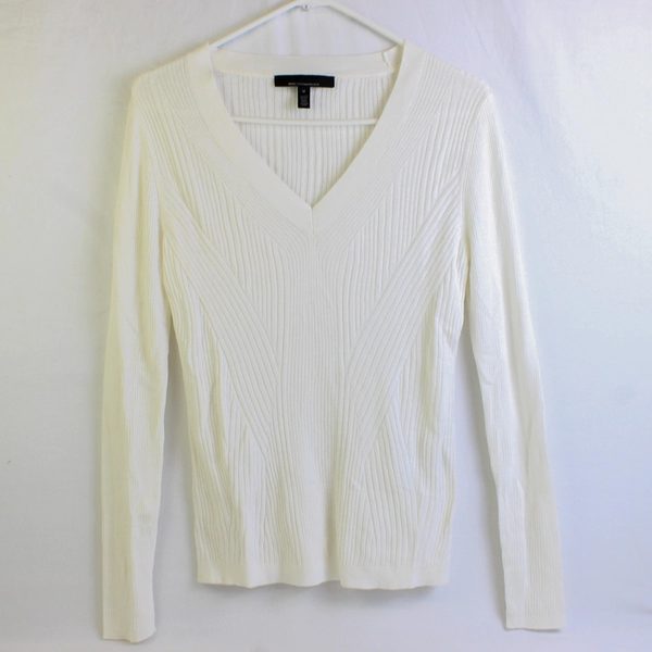 WHBM Women's M White Cashmere Blend Ribbed Knit Sweater 