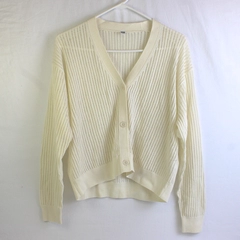 Uniqlo Women's L Cream White Open Knit Long Sleeve Button Up Cardigan Sweater 