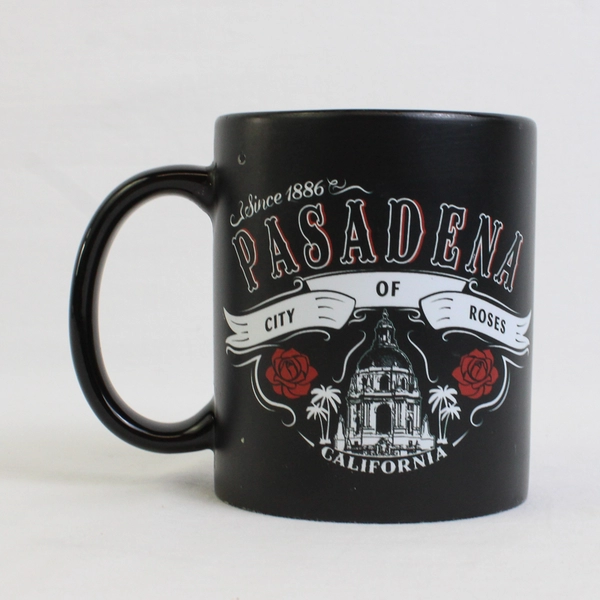 Pasadena City Of Roses California Since 1886 Black Ceramic Mug W/ Handle 4" Tall