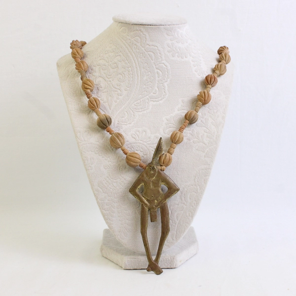 Tribal Style Clay Beaded Necklace Metal Man Pendant 14.5"