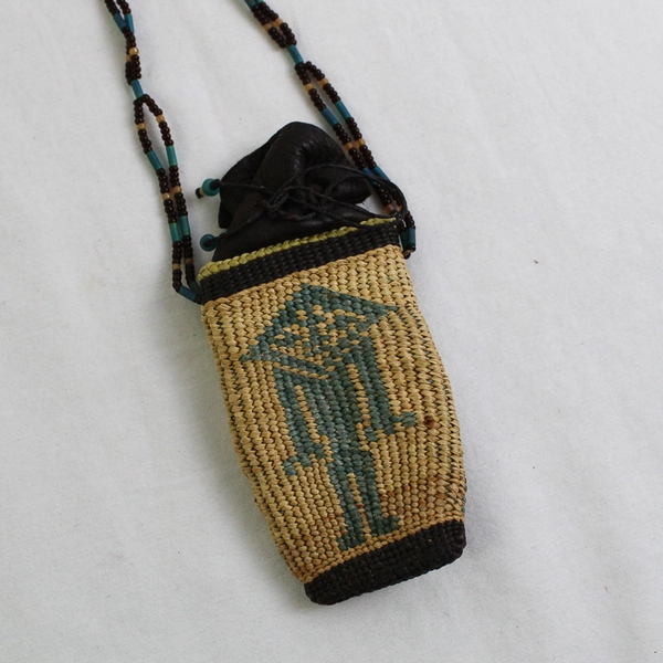 Southwestern Tribal Style Leather and Woven Straw Beaded Pouch Necklace 17"