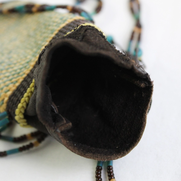 Southwestern Tribal Style Leather and Woven Straw Beaded Pouch Necklace 17"