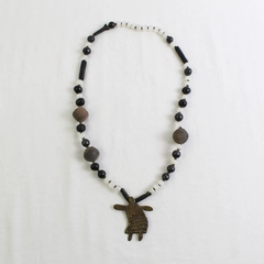 Carved Stone Beaded Tribal Style Necklace Metal Pendant 15"