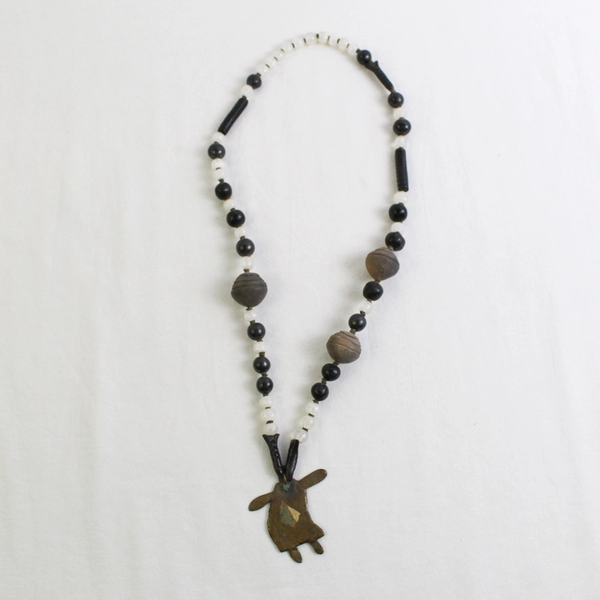 Carved Stone Beaded Tribal Style Necklace Metal Pendant 15"