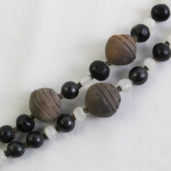 Carved Stone Beaded Tribal Style Necklace Metal Pendant 15"