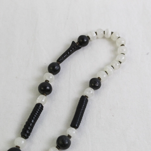 Carved Stone Beaded Tribal Style Necklace Metal Pendant 15"