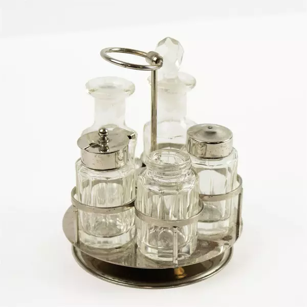 Vintage Glass & Silver Plated Cruet/Condiment Set - One Lid Missing