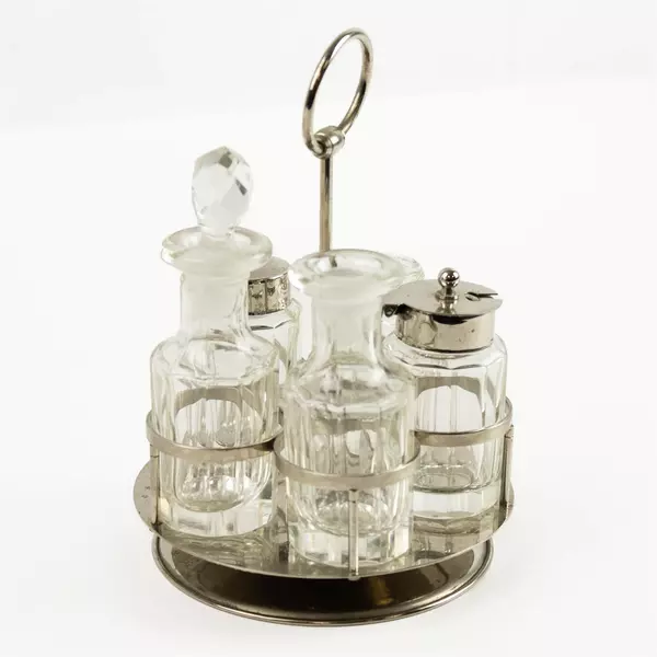 Vintage Glass & Silver Plated Cruet/Condiment Set - One Lid Missing