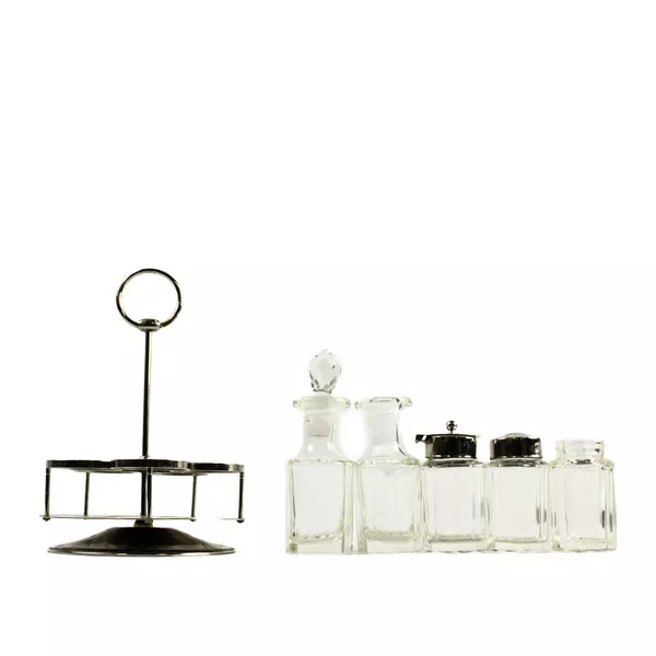 Vintage Glass & Silver Plated Cruet/Condiment Set - One Lid Missing