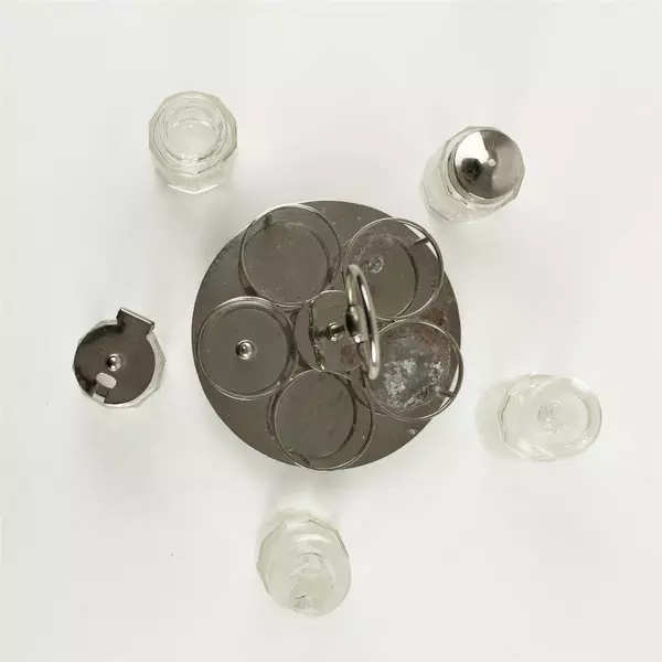 Vintage Glass & Silver Plated Cruet/Condiment Set - One Lid Missing