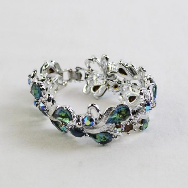 ART Arthur Pepper Signed Silver-Tone Bracelet Blue Green Rhinestones 7" FLAWED