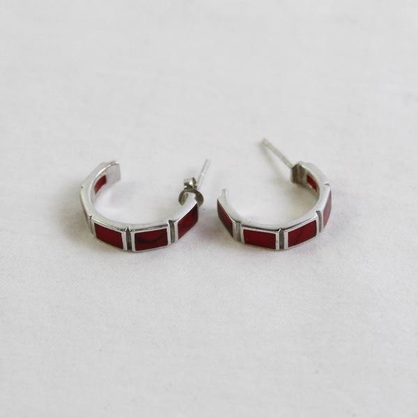 Vintage ATI 925 Sterling Silver C-Hoop Earrings Red Stones