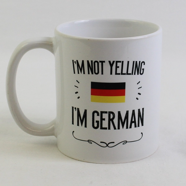 Orca Coating "I'm Not Yelling I'm German" White Ceramic Coffee Mug 4" Tall